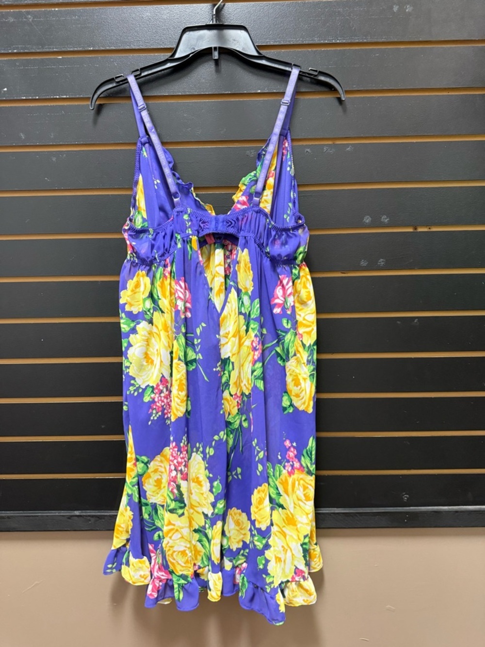Betsey Johnson Floral Babydoll Dress Sheer Purple Yellow Ruffle Mini 1X - Picture 4 of 4